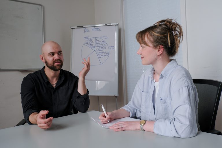 Zwei Personen am Tisch beim Gründer Coaching zum Zeitmanagement